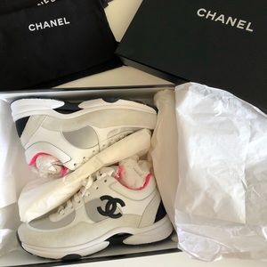 Authentic Chanel CC Logo Sneakers Pink White Black